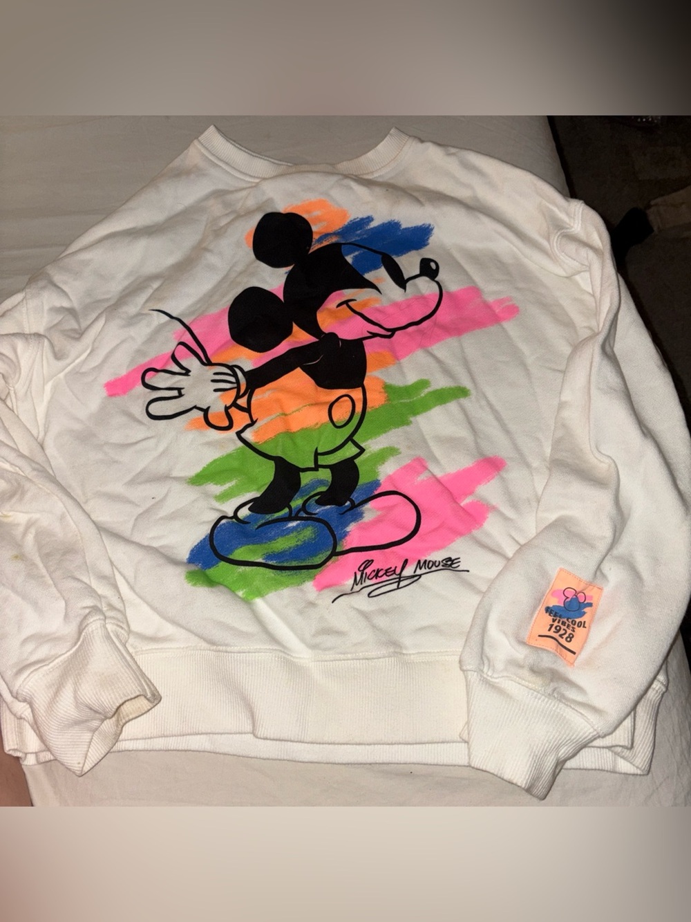 Zara White Kids Sweatshirt with Neon Brushstroke Mickey Graphic